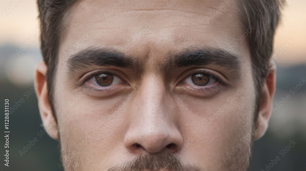 Obraz premium Close-Up Portrait of a Man with Deep Brown Eyes, Capturing His Focused and Intense Expression Along with Detailed Facial Features on a Simple Isolated Background Sharp and Intense Closeup of Eyes