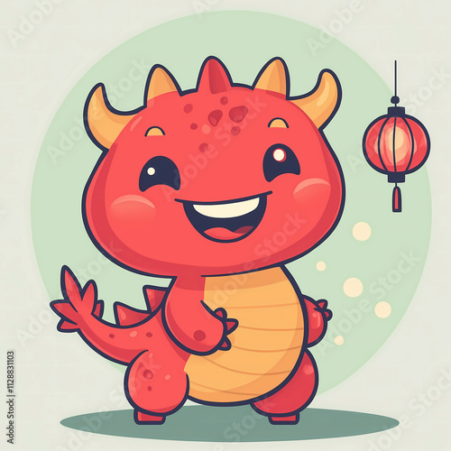 Flat illustration of cute red dragon brings a lantern for celebrating Chinese New Year. Happy Chinese New Year, year of the Dragon photo