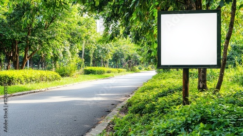 Empty Advertising Board on Scenic Tree-Lined Roadway in Nature photo