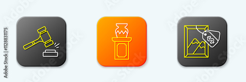 Set line Auction hammer, ancient vase and painting icon. Vector