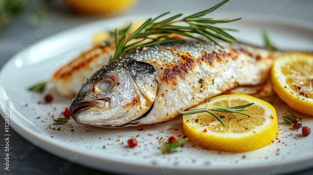 Grilled fish with lemon and rosemary. Grilled fish with lemon and rosemary.