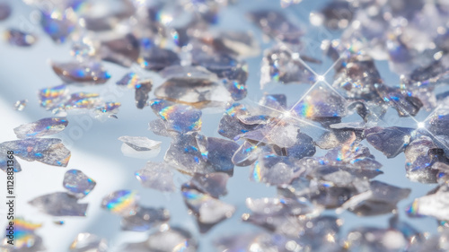 Close-up of shimmering, iridescent crystal shards on a reflective surface, creating a mesmerizing pattern of light and color. photo