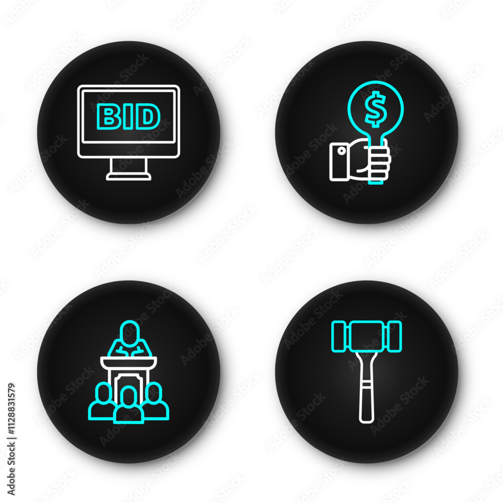 Set line Auction hammer, auctioneer sells, Hand holding paddle and Online icon. Vector Set line Auction hammer, auctioneer sells, Hand holding paddle and Online icon. Vector