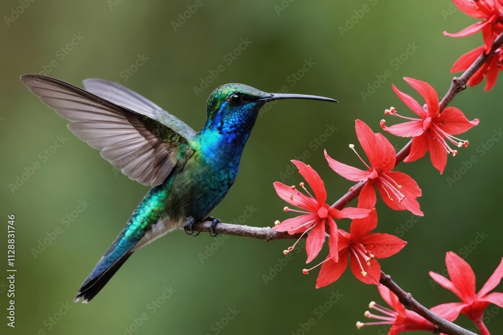 Fototapeta premium A female Blue-chinned Sapphire hummingbird (Chlorestes notata) perching on a branch with red flowers. Peaceful picture of hummingbird and flowers. Tropical bird in garden.