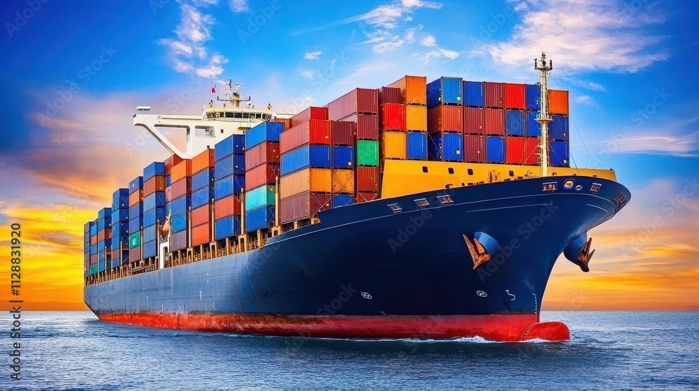 Fototapeta premium Vibrant Cargo Ship Navigating Through Ocean Under Colorful Sunset Sky