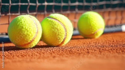 Tennis Balls on Clay Court with Net in Background