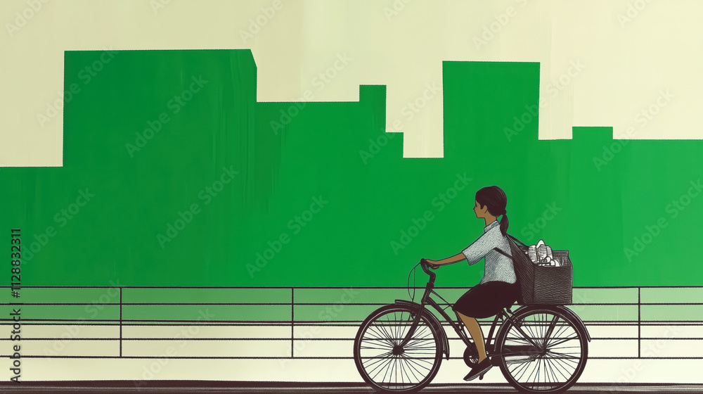 A woman rides a bicycle down a street with a city skyline in the background A woman rides a bicycle down a street with a city skyline in the background