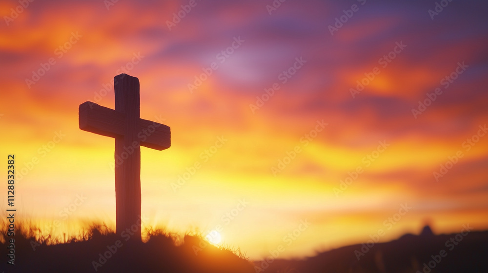 Cross at Sunset with Dramatic Sky and Serene Reflection Cross at Sunset with Dramatic Sky and Serene Reflection