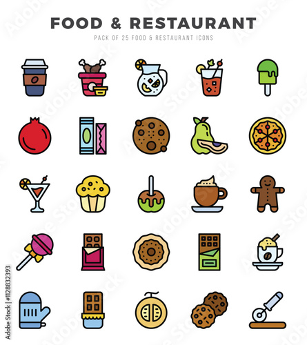 Set of Food and Restaurant Icons. Simple Lineal Color art style icons pack.