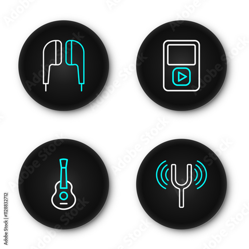 Set line Musical tuning fork, Guitar, player and Air headphones icon. Vector