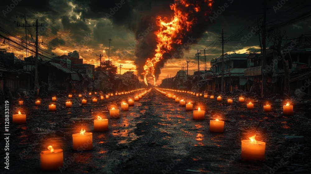 A city street with a long line of candles lit up A city street with a long line of candles lit up