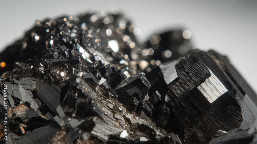 Close-up of a stunning black mineral cluster, showcasing its intricate facets and reflective surfaces in high detail. Close-up of a stunning black mineral cluster, showcasing its intricate facets and reflective surfaces in high detail.