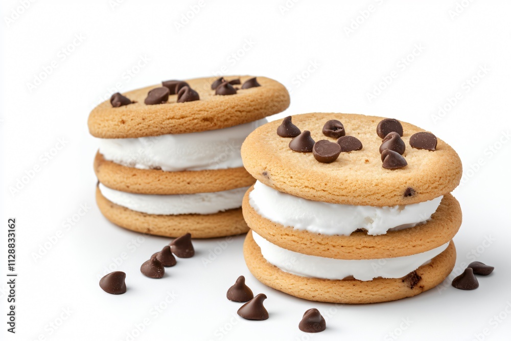 ookie Ice Cream Sandwiches with Chocolate Chip Topping on White Background ookie Ice Cream Sandwiches with Chocolate Chip Topping on White Background
