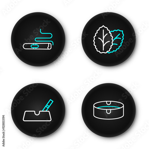 Set line Ashtray, with cigarette, Tobacco leaf and Cigar icon. Vector