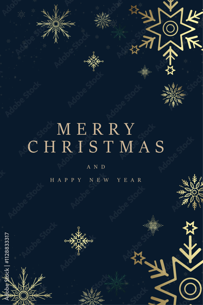 Happy New Year vector design. A banner of premium Christmas concepts, gold snow flakes on dark blue background. Luxury snow flakes frame for Christmas Happy New Year vector design. A banner of premium Christmas concepts, gold snow flakes on dark blue background. Luxury snow flakes frame for Christmas