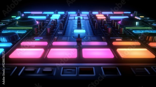 Close-up of a DJ mixing console with glowing neon lights, soft focus, vibrant colors reflecting, isolated in a dark room, dynamic and energetic music scene