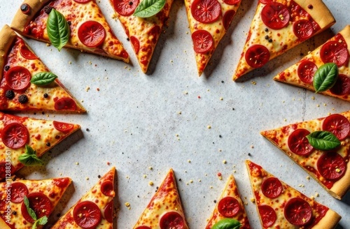 frame for text made from slices of pizza, white concrete background