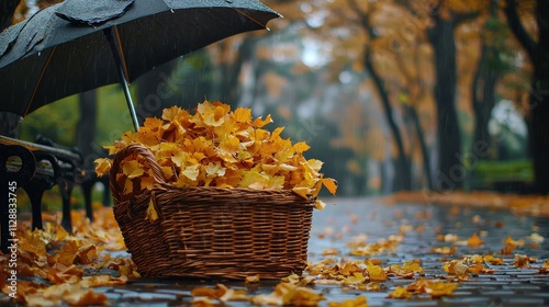 Autumn Leaves Basket Rain Umbrella Park Scene photo