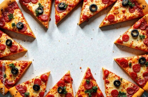 frame for text made from slices of pizza, white concrete background
