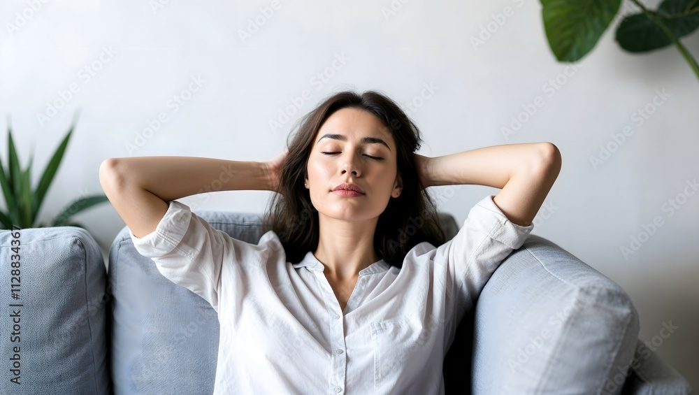 Calm young woman relaxing on comfortable sofa with closed eyes close up Calm young woman relaxing on comfortable sofa with closed eyes close up