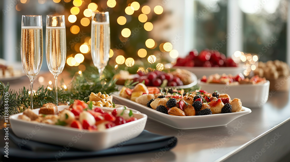 New Year Eve Buffet Table with Dishes and Champagne Flutes New Year Eve Buffet Table with Dishes and Champagne Flutes