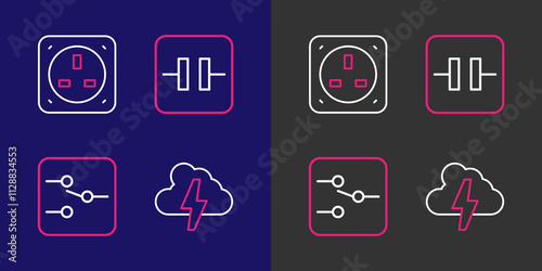 Set line Cloud and lightning, Switch electronic circuit, Electrolytic capacitor and Electrical outlet icon. Vector
