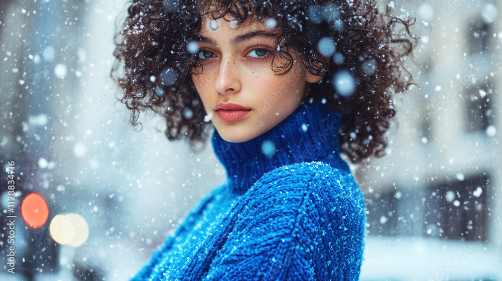 Stylish young woman in blue sweater enjoys snowy urban setting during winter day Stylish young woman in blue sweater enjoys snowy urban setting during winter day