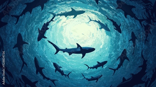 Sharks Swimming in a Deep Ocean Vortex