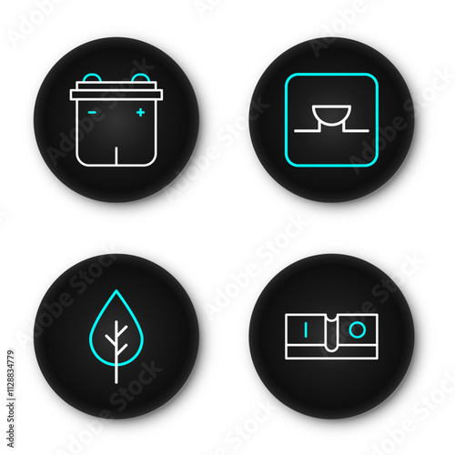 Set line Electric light switch, Leaf Eco symbol, Buzzer in electronic circuit and Car battery icon. Vector