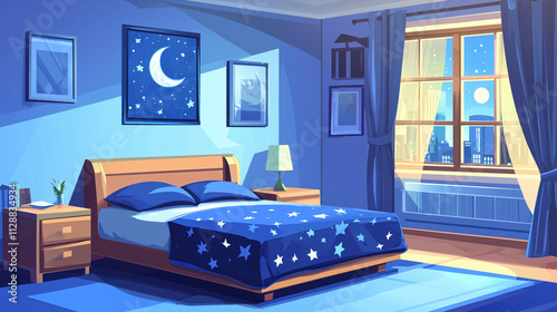 Cozy bedroom interior at night with moon and stars theme, featuring a bed, lamp, wooden furniture, and a cityscape view through a window photo