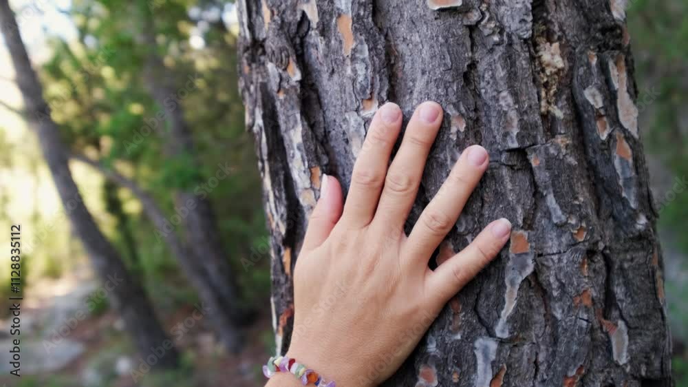A woman's hand glides on the bark of a tree
