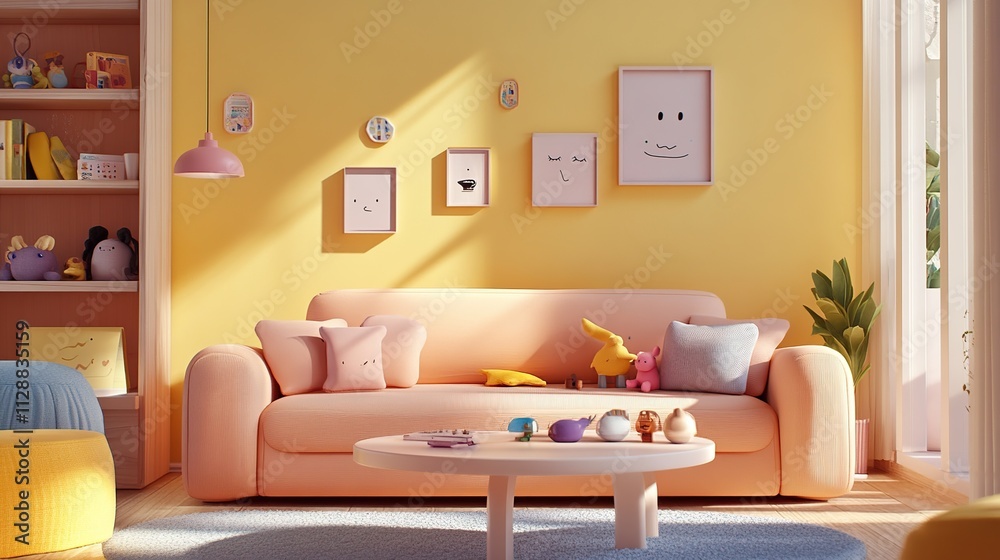 Obraz premium Cozy living room with playful decor and cheerful artwork.