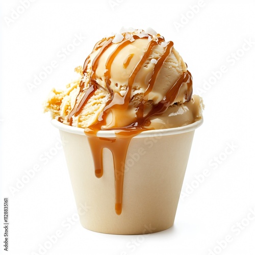 Salted Caramel Ice Cream Scoop in Cup with Caramel Drizzle and Sea Salt, Isolated on White