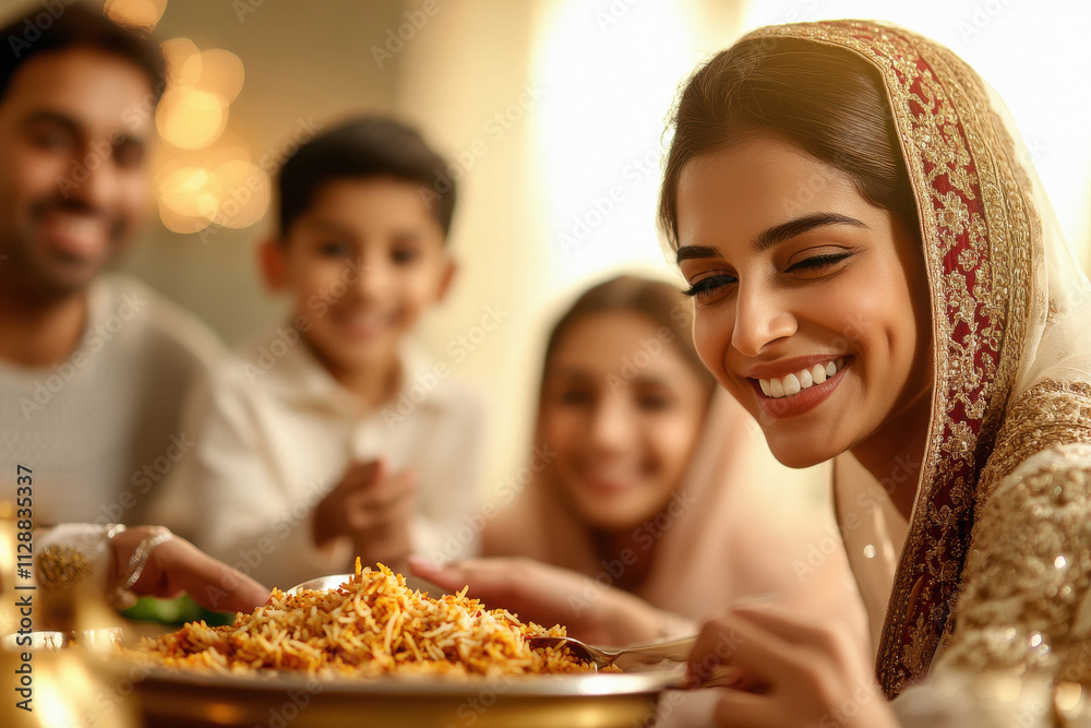 happy muslim family enjoying biryani together happy muslim family enjoying biryani together