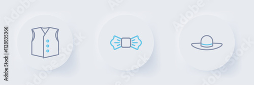 Set line Elegant women hat, Bow tie and Waistcoat icon. Vector