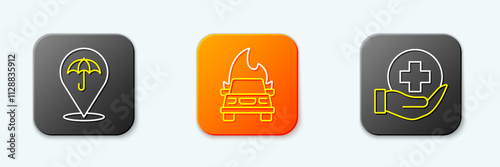 Set line Umbrella, Burning car and Life insurance icon. Vector