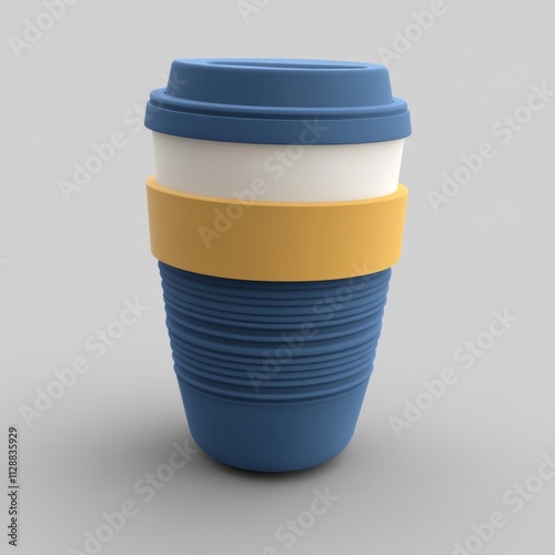 A stylish reusable coffee cup with a blue, white, and yellow design, perfect for everyday use. photo