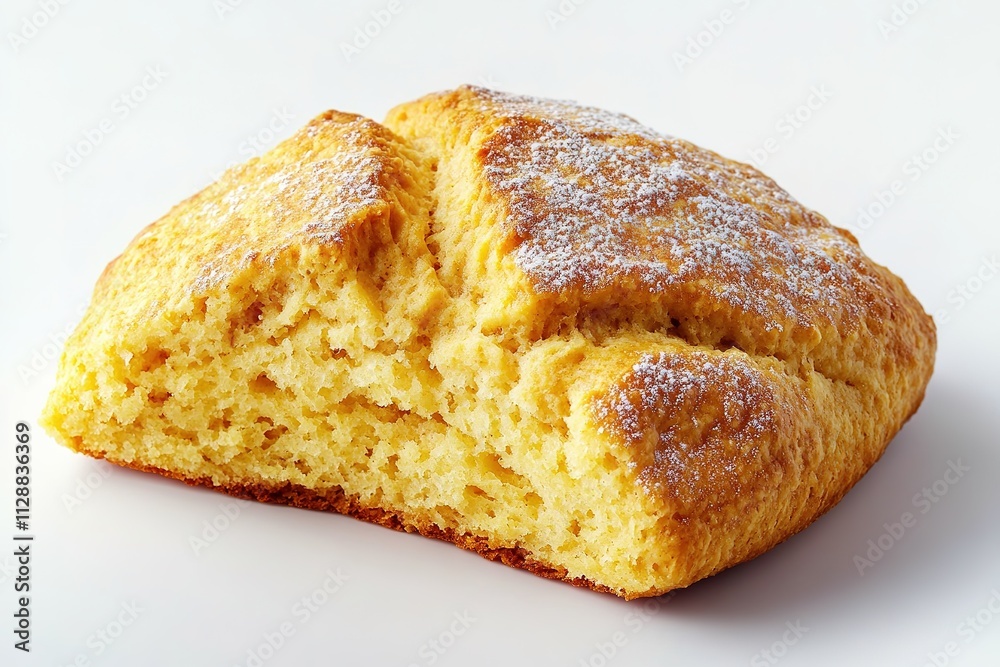 Close-up view of freshly baked scone on white backdrop Close-up view of freshly baked scone on white backdrop
