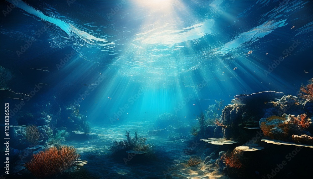 underwater scene with rays of light or Underwater Sea - Deep Water Abyss underwater scene with rays of light or Underwater Sea - Deep Water Abyss