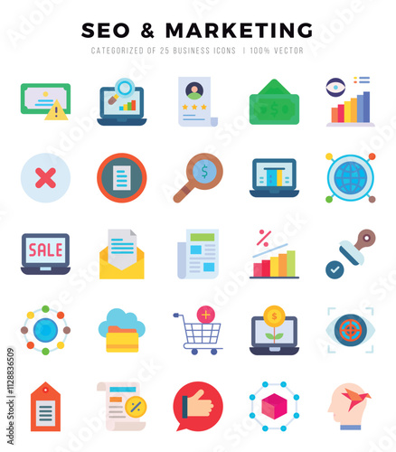 SEO & MARKETING Flat icons collection. 25 icon set in a Flat design.