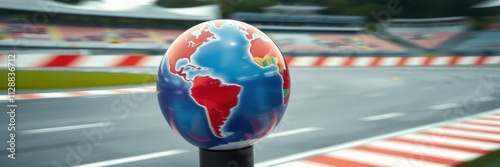 Colorful globe sits near a racetrack showcasing a blend of environmental themes and motorsport culture photo