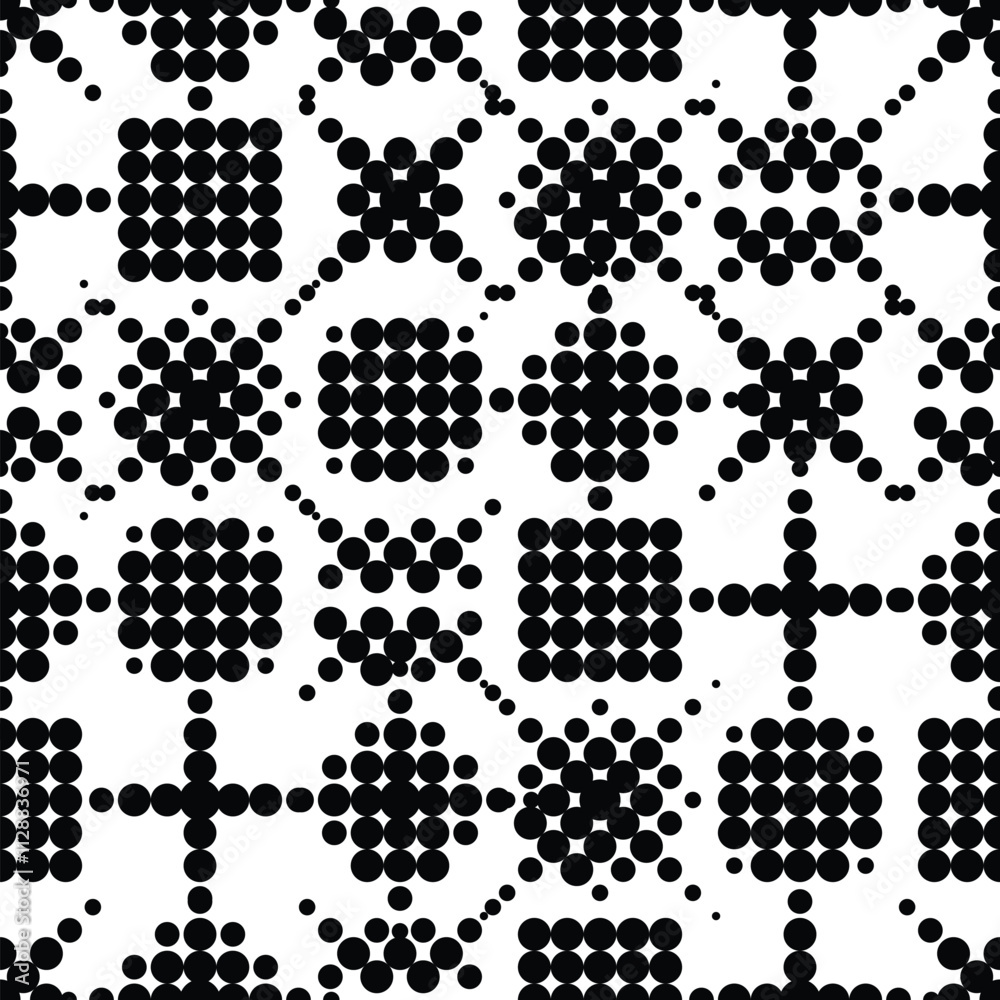 Abstract monochrome background. Geometric shapes made of dots and circles. Black and white geometric seamless pattern creating a mesmerizing visual effect. Wrapping paper or textile print fabric Abstract monochrome background. Geometric shapes made of dots and circles. Black and white geometric seamless pattern creating a mesmerizing visual effect. Wrapping paper or textile print fabric