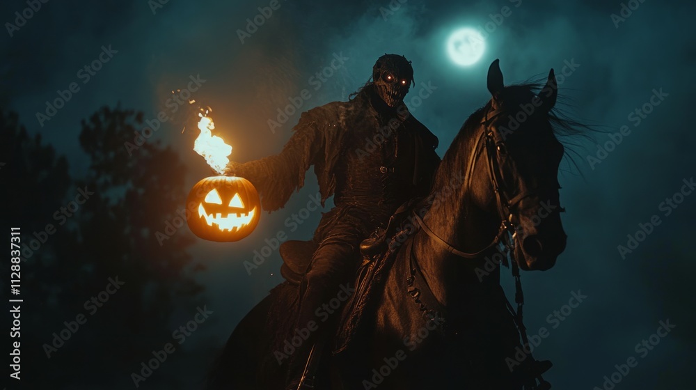 scary man holding a flaming pumpkin