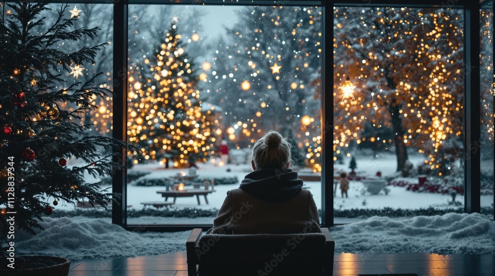 Back view of lonely old woman sitting alone at nursing home, Christmas time. Christmas Eve snowfall, New Year's background outside Back view of lonely old woman sitting alone at nursing home, Christmas time. Christmas Eve snowfall, New Year's background outside