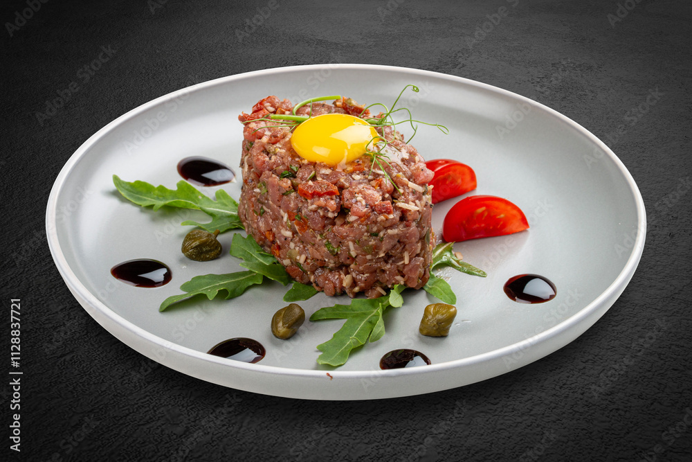 Fresh veal tartare served with tomatoes and arugula.