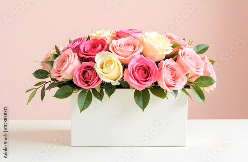 Vibrant and delicate roses in shades of pink and cream arranged in a minimalist white box, perfect for gift ideas or luxury branding campaigns. Selective focus