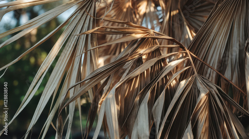 Close-up of dried palm fronds in earthy tones, showcasing their intricate textures and patterns in warm sunlight, evoking a natural, serene atmosphere.