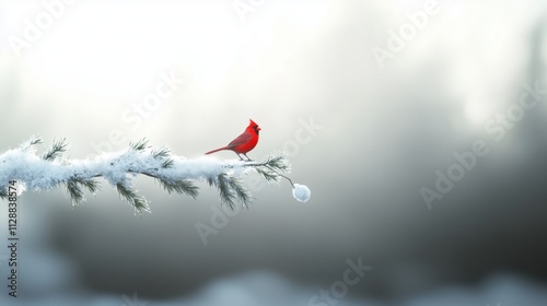 Roter Vogel auf verschneitem Ast photo