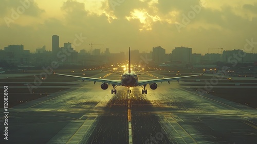 Airplane with cargo landing at airport focus on international logistics vibrant Multilayer with runway in the background photo