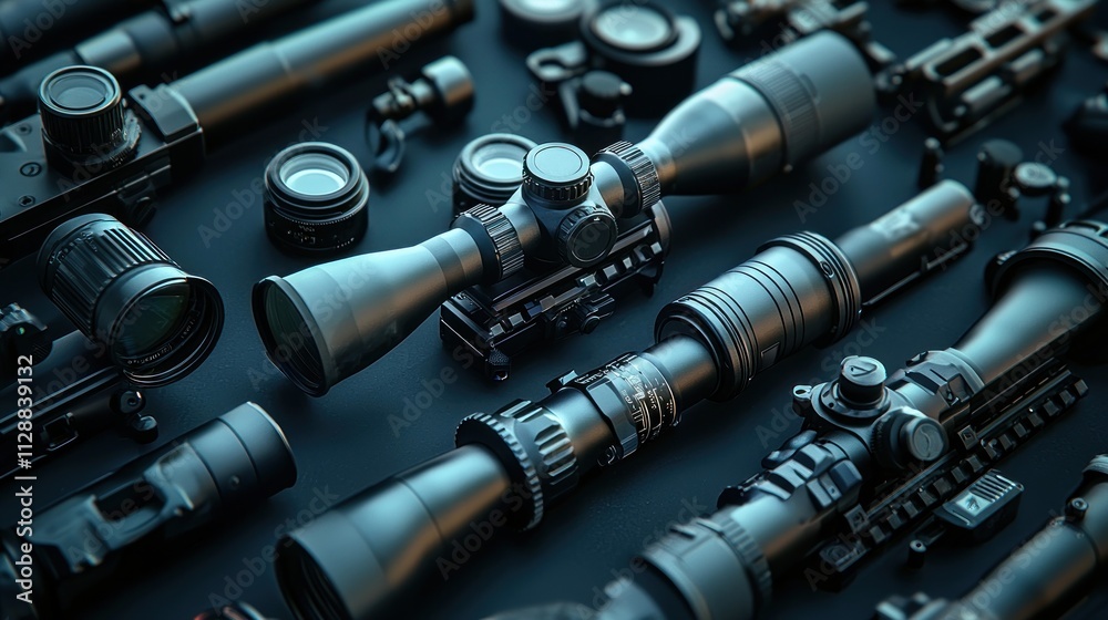 An assortment of tactical rifle scopes and accessories An assortment of tactical rifle scopes and accessories